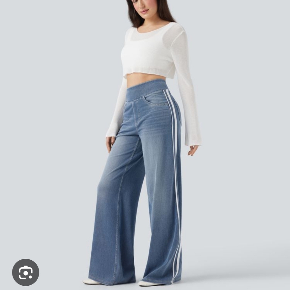 Halara Flex High Waisted Stripe Wide Leg Jeans with Pockets Small Tall Denim